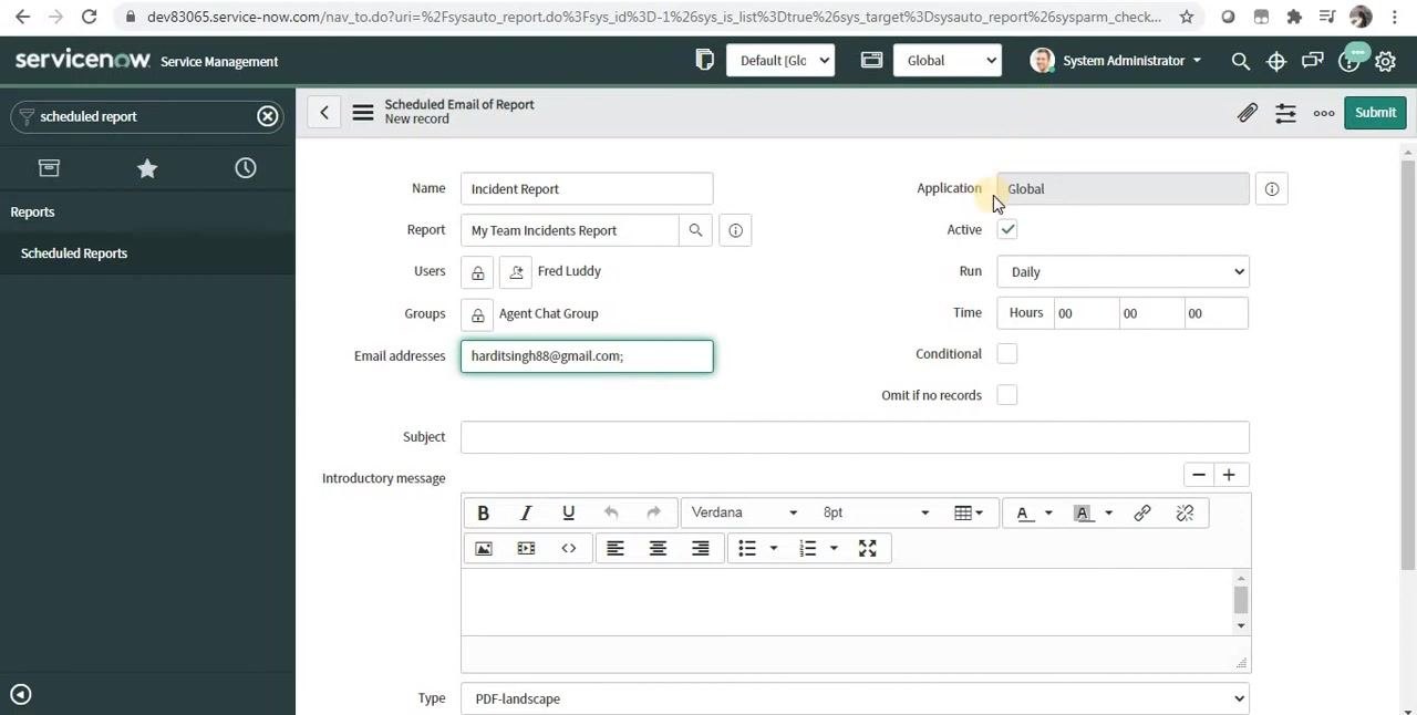 ServiceNow Scheduled Email of Report form highlighting the Application field set to Global and the Active checkbox selected