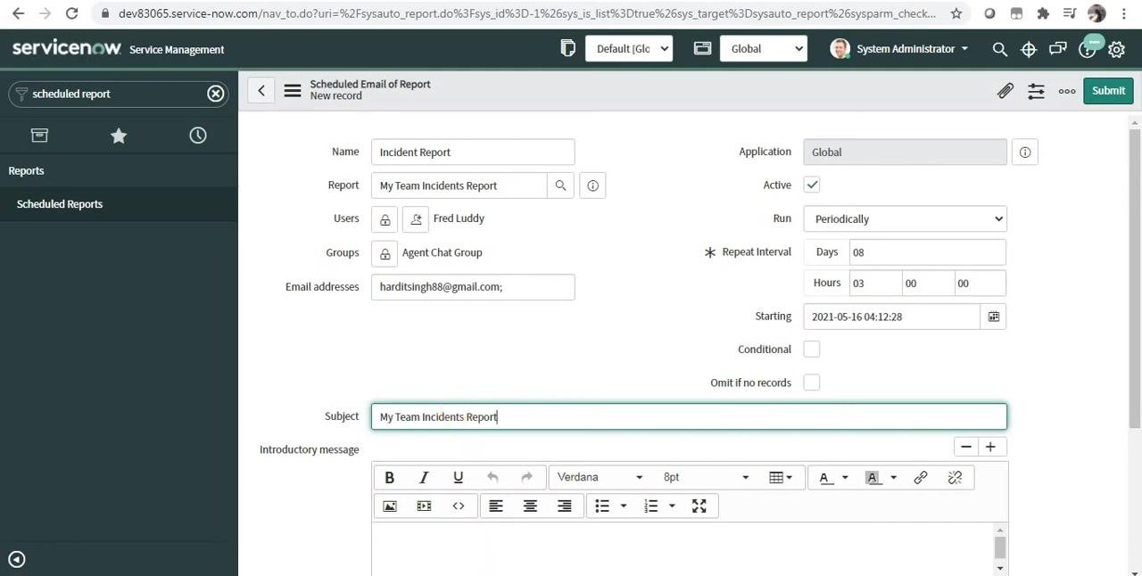 ServiceNow Scheduled Email of Report form with the Subject field filled as "My Team Incidents Report"