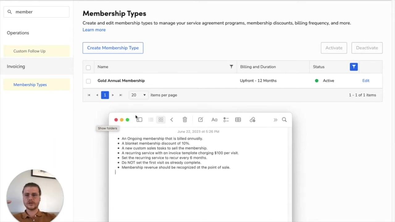 Membership Types screen with a constraints checklist open in a notes app