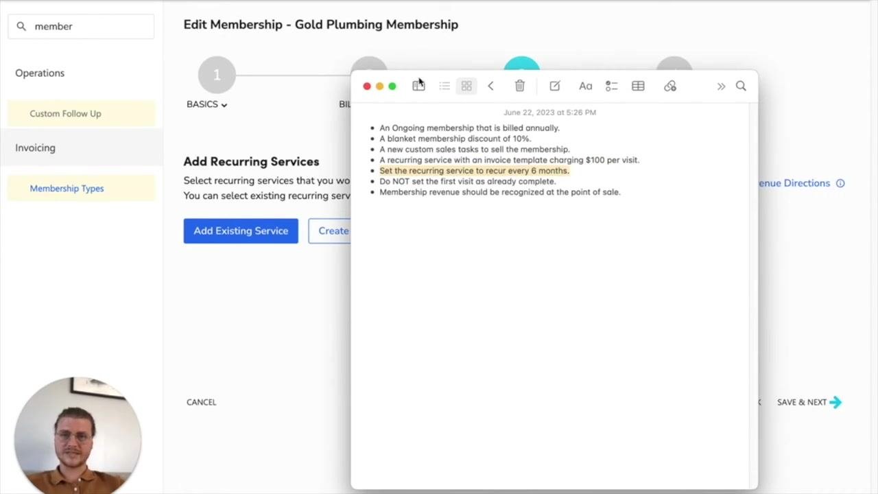 Recurring Service Basics and Job Type Details screen with fields for Name, Invoice Template, Business Unit, Job Type, Campaign, and Priority