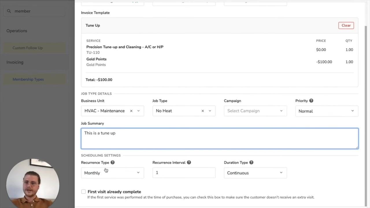 Screen showing Recurrence Type set to Monthly, Recurrence Interval set to 1, and Duration Type set to Continuous, with Business Unit, Job Type, and Job Summary fields also visible