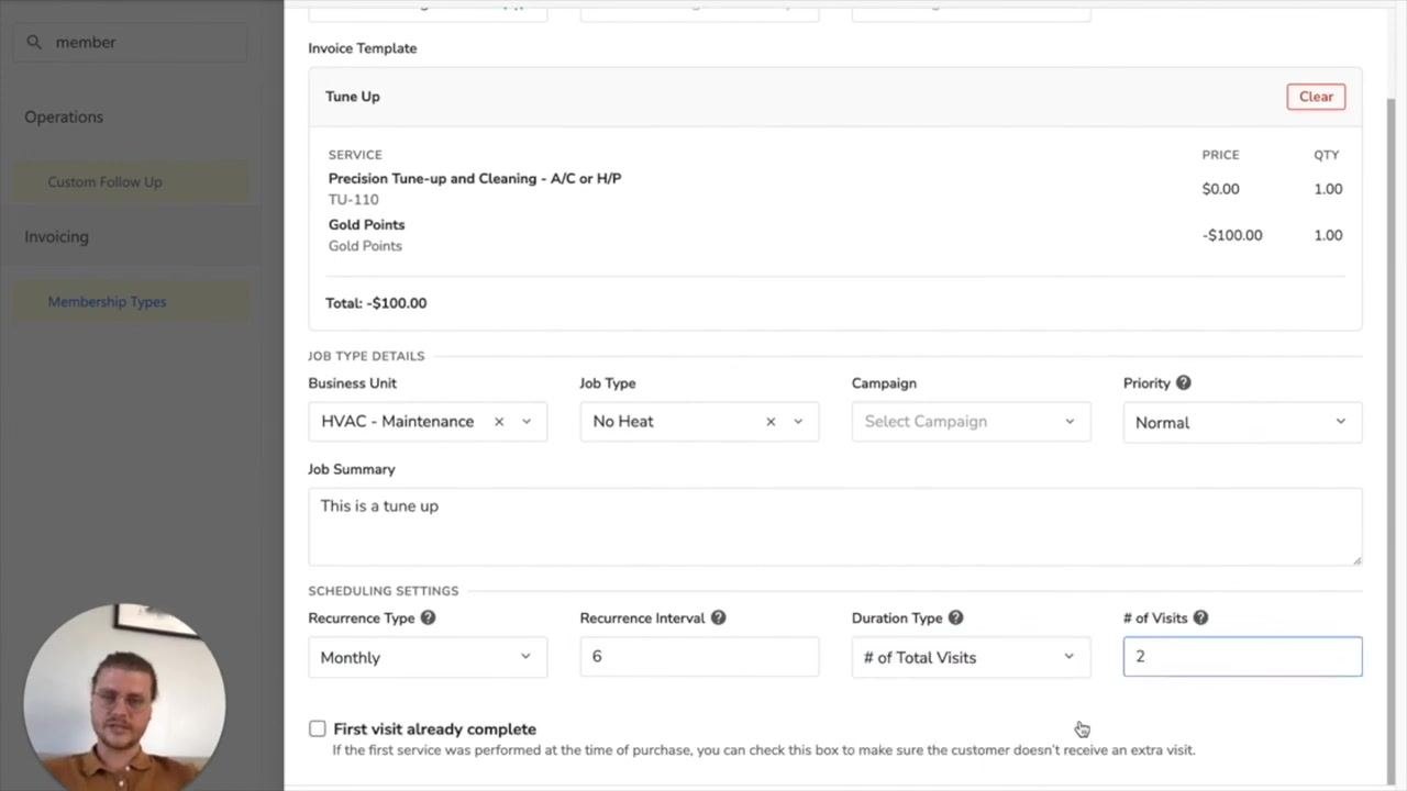 Screen showing Recurrence Type set to Monthly, Recurrence Interval set to 6, Duration Type set to # of Total Visits, and # of Visits set to 2