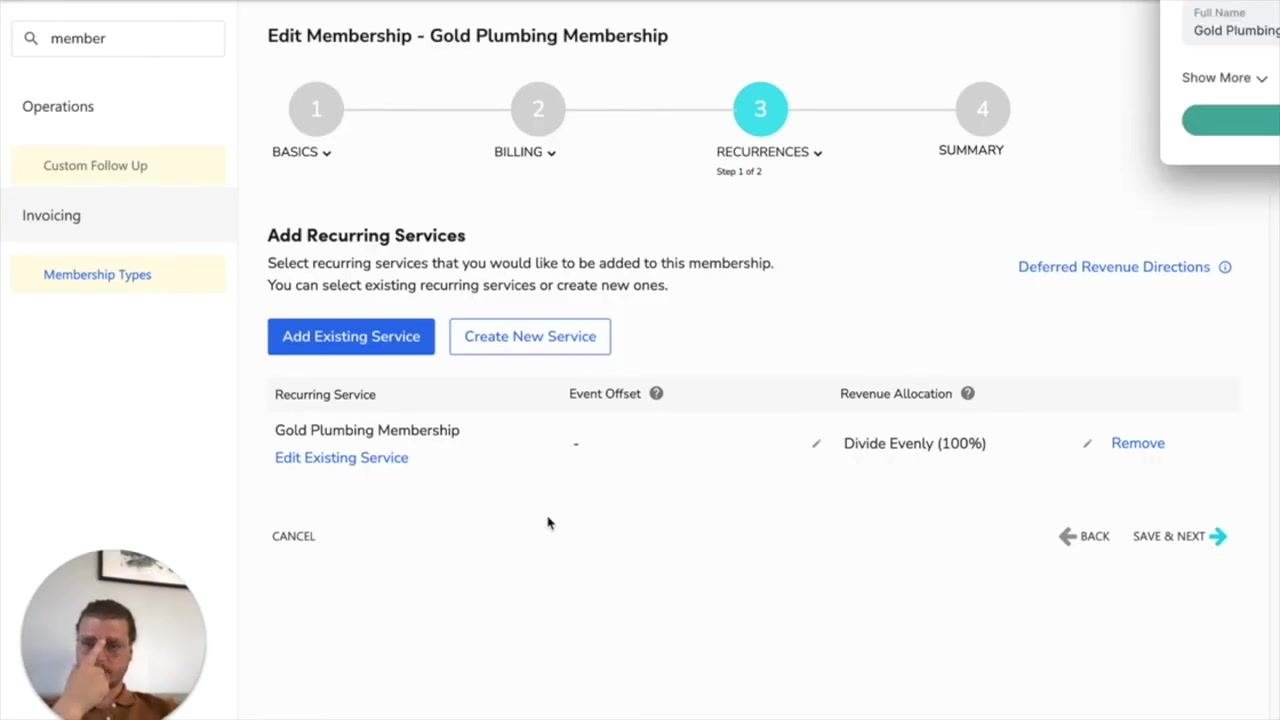 Add Recurring Services step showing Gold Plumbing Membership listed, with options to Add Existing Service or Create New Service