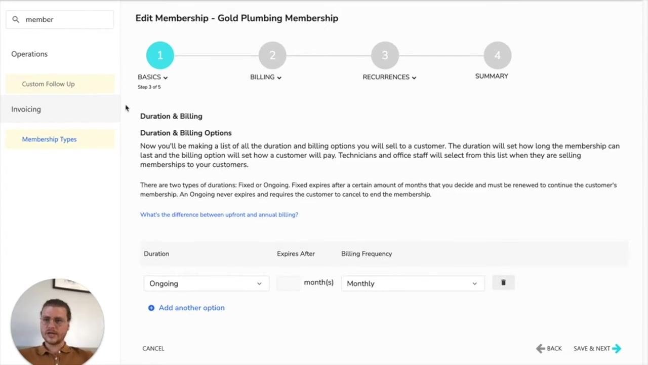 Edit Membership screen showing the tag selection dropdown and the Save & Next button