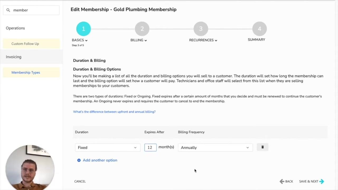Edit Membership screen with Duration set to Fixed, Expires After set to 12 months, and Billing Frequency set to Annually