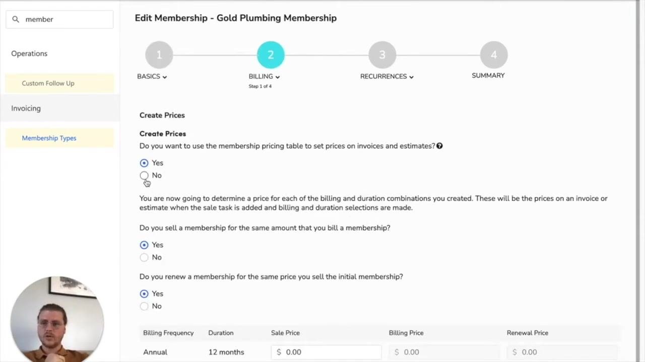 Edit Membership screen showing pricing table options with radio buttons selected for "Yes"