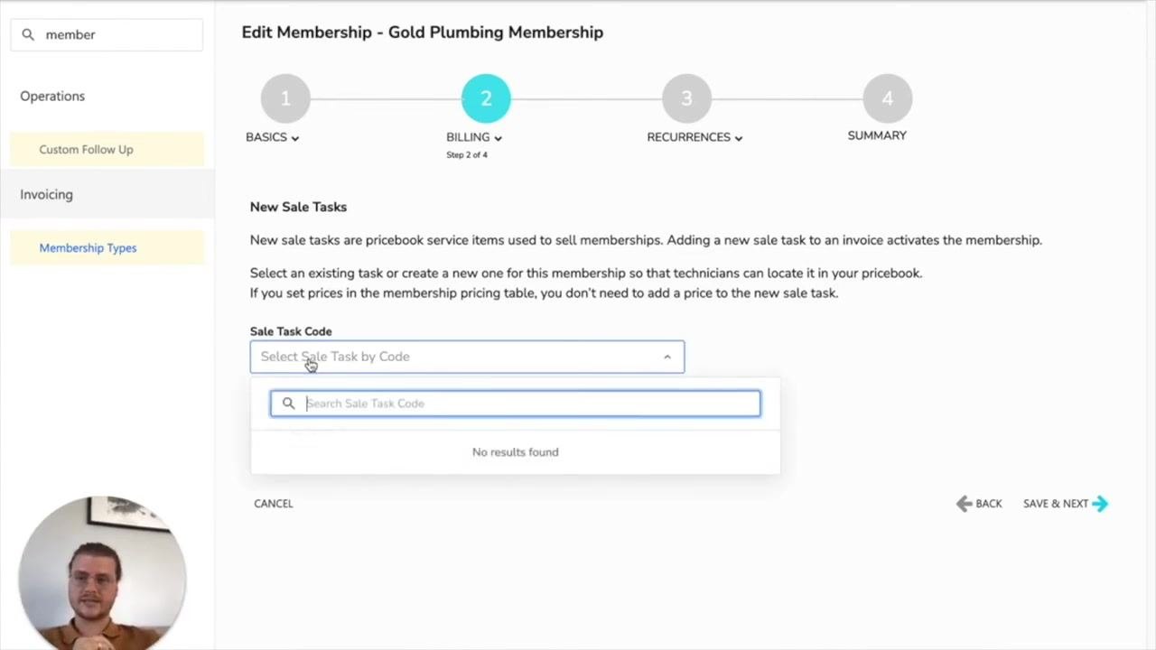 Add Sale Task dialog with Membership Sold, New Membership, $100 price, and the Revenue account selected