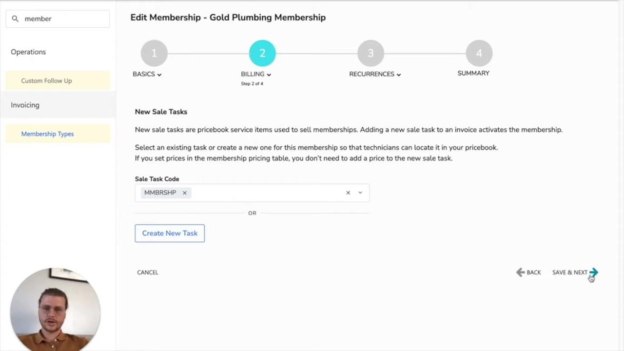 Edit Membership screen with the new sales task code assigned and Save & Next highlighted