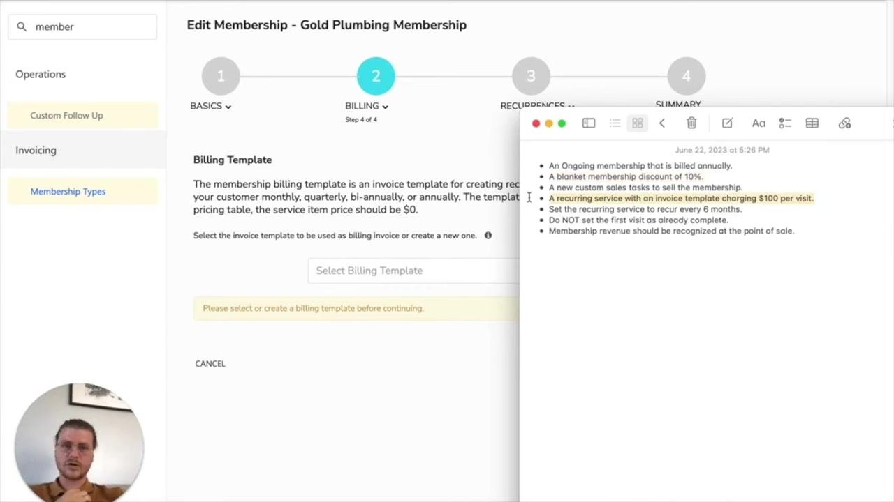 Billing Template selection screen with the membership constraints checklist visible
