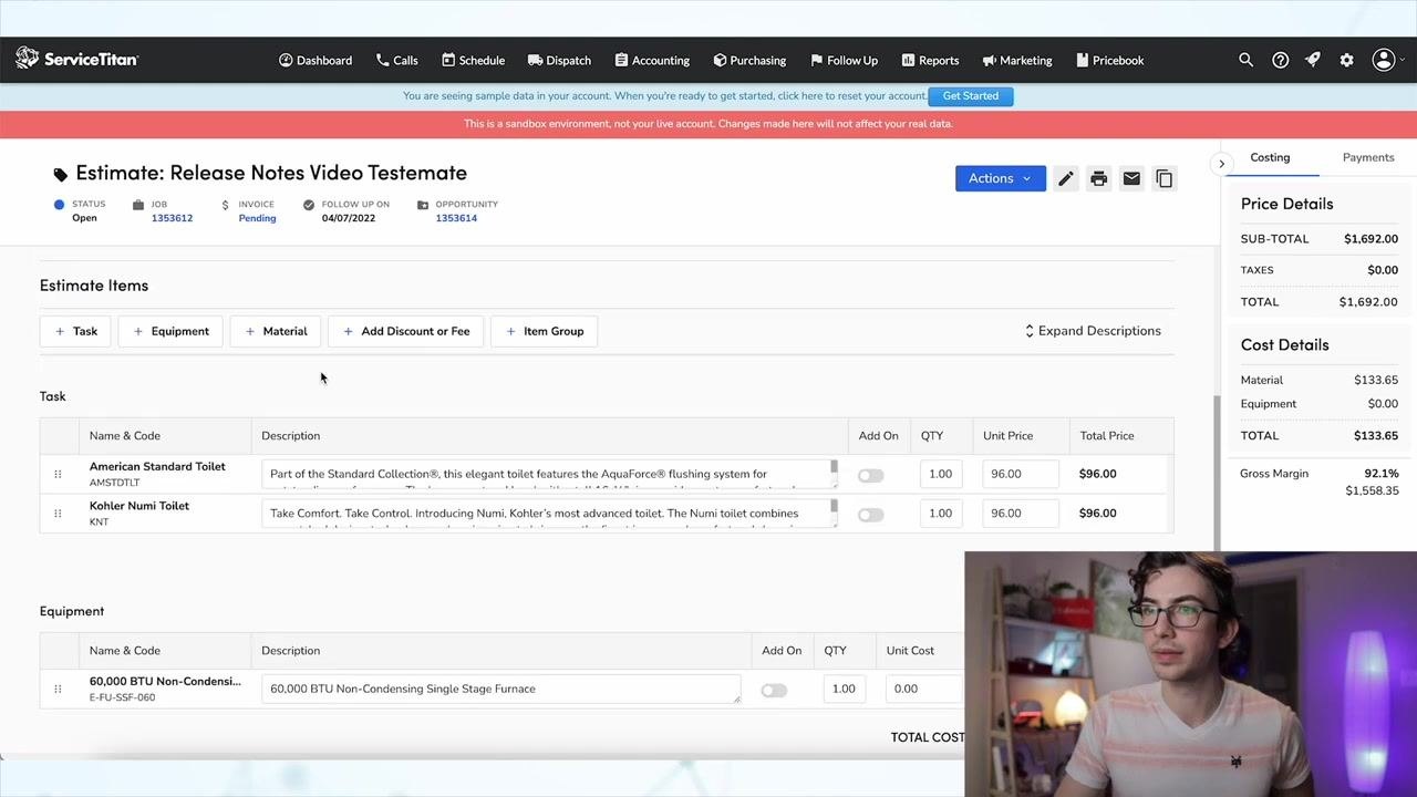 Estimate screen with example items separated by type, showing cost and price details