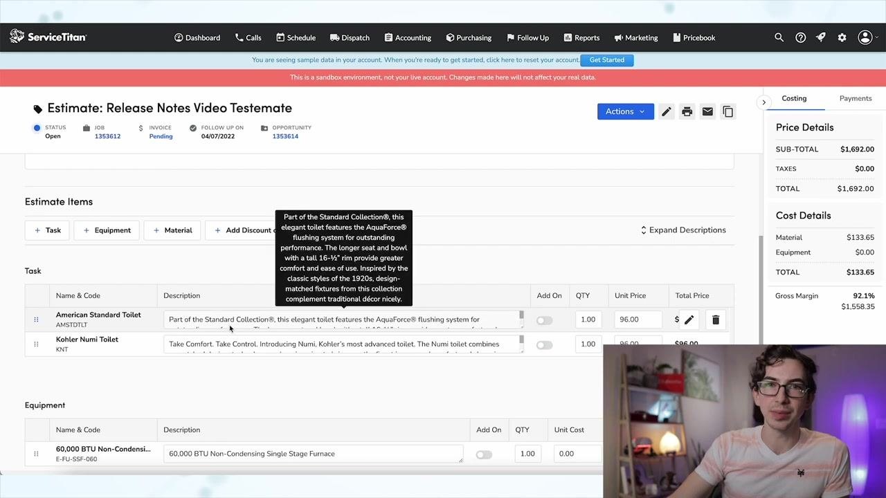 Estimate screen showing a tooltip with the full text of a truncated line item description
