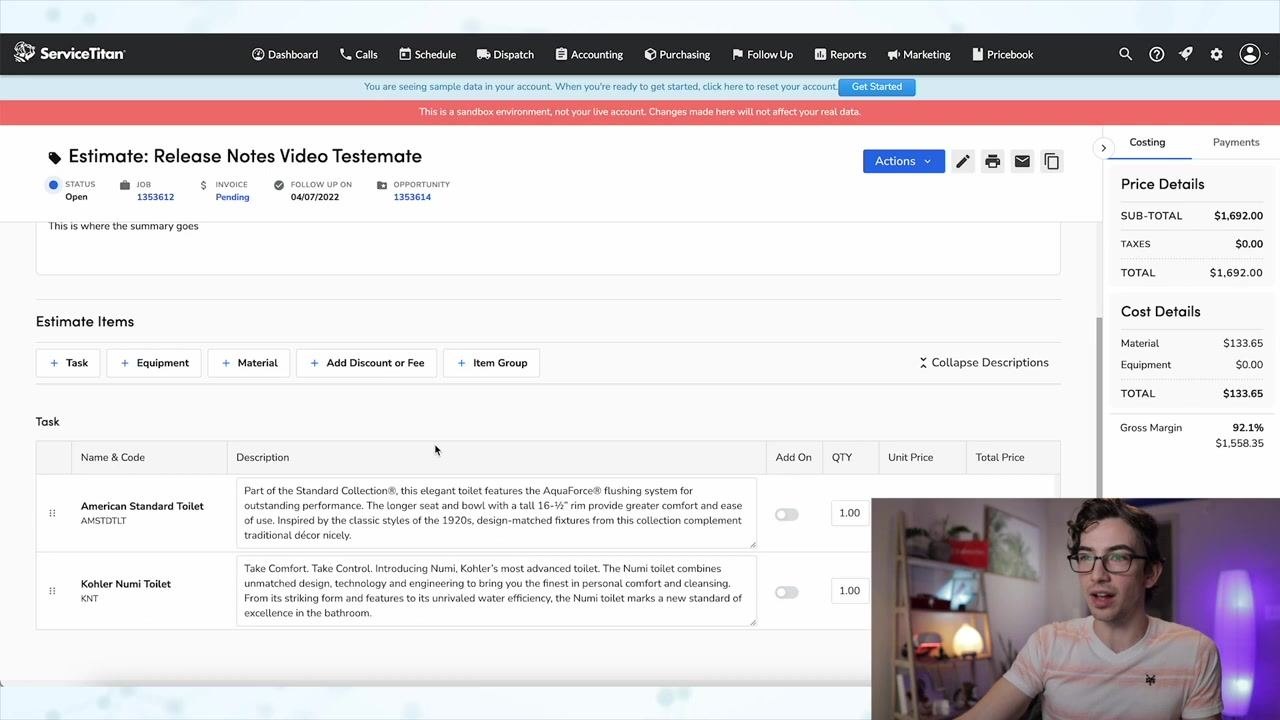 Estimate screen with the cursor over the "Edit Estimate" button in the action bar