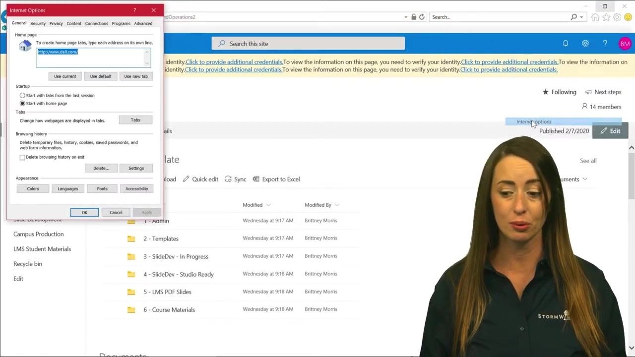 Internet Options dialog open in Internet Explorer, with the SharePoint Online site visible in the background showing folders such as "1 - Admin" and "2 - Templates."