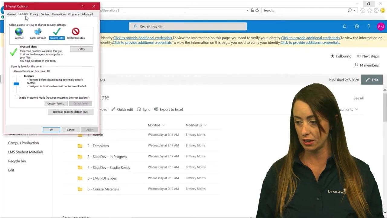 Internet Options dialog open to the Security tab, with Trusted sites highlighted and the Sites button visible, and the SharePoint Online site open in the background.