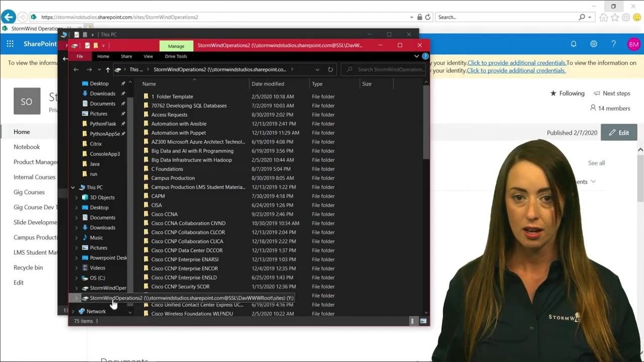 Map Network Drive dialog showing drive letter selection (Y:) and the SharePoint folder path entered.