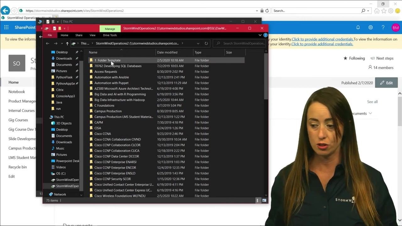 File Explorer open to a SharePoint folder, showing multiple folders and files available for access and management.