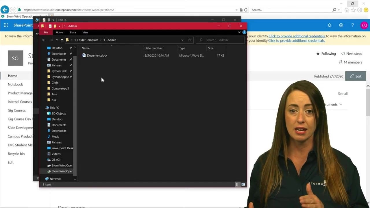 File Explorer window open to the mapped SharePoint folder "1 - Admin," showing a Word document, with the SharePoint site visible in the background.