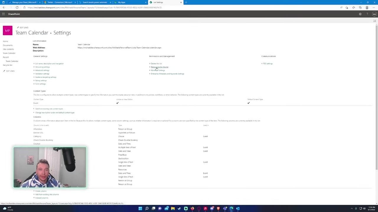 SharePoint Team Calendar Settings page with Permissions for this list highlighted under Permissions and Management.