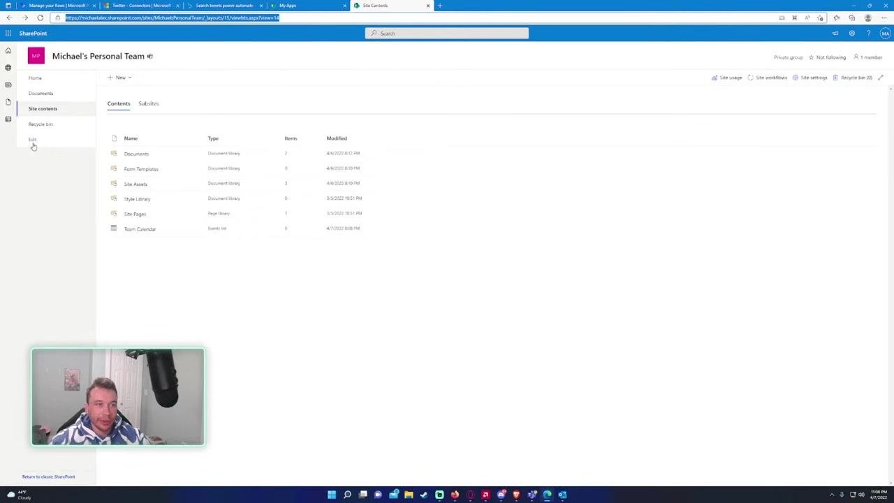 Site contents page with the left navigation bar visible and the Edit option highlighted.