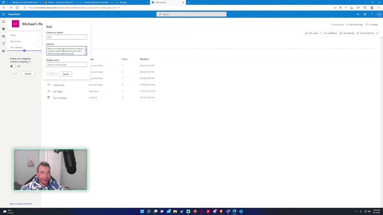 Add navigation link dialog with fields for link address and display name.