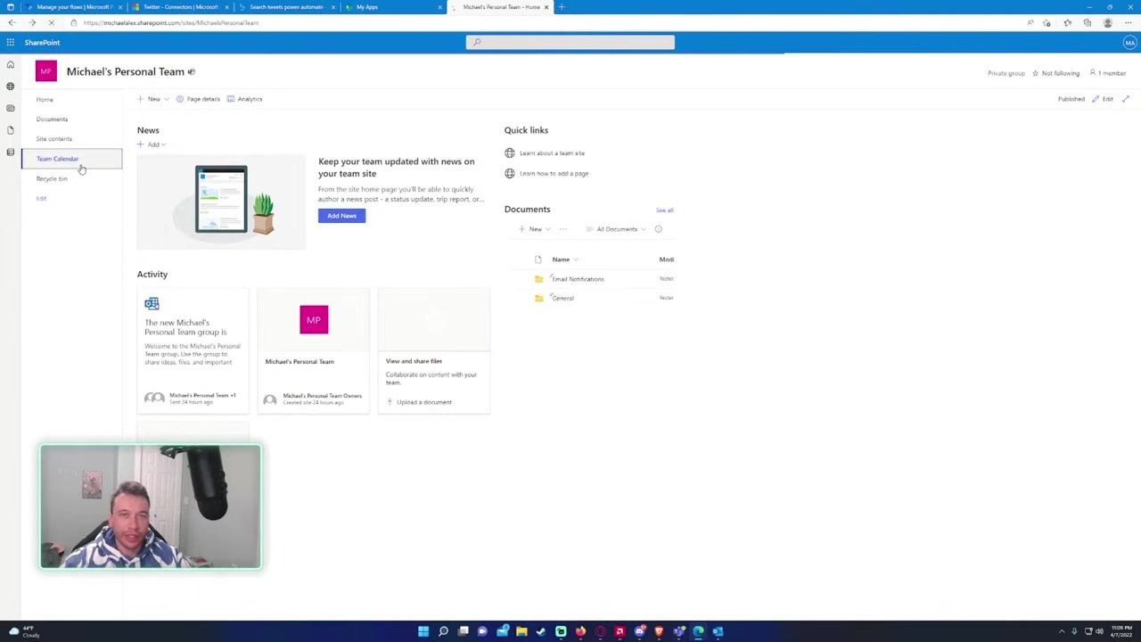 SharePoint site home page with Team Calendar selected in the left navigation.