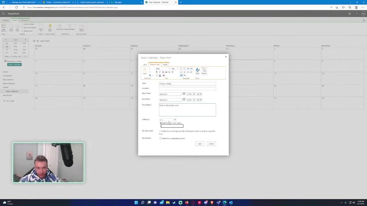 SharePoint calendar event creation dialog with Friday Funday, 3:00 PM to 4:00 PM, and the description filled in.