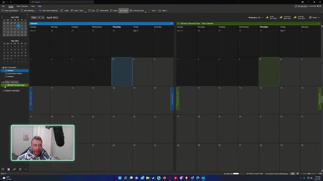 Outlook calendar view showing Michael's Personal Team - Team Calendar with the Friday Funday event visible.