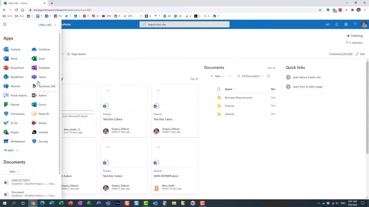 The SharePoint Maven introduction slide: on the left, the title "How to create additional document libraries in SharePoint" appears on a dark background; on the right, a person is smiling, with the SharePoint Maven logo below.