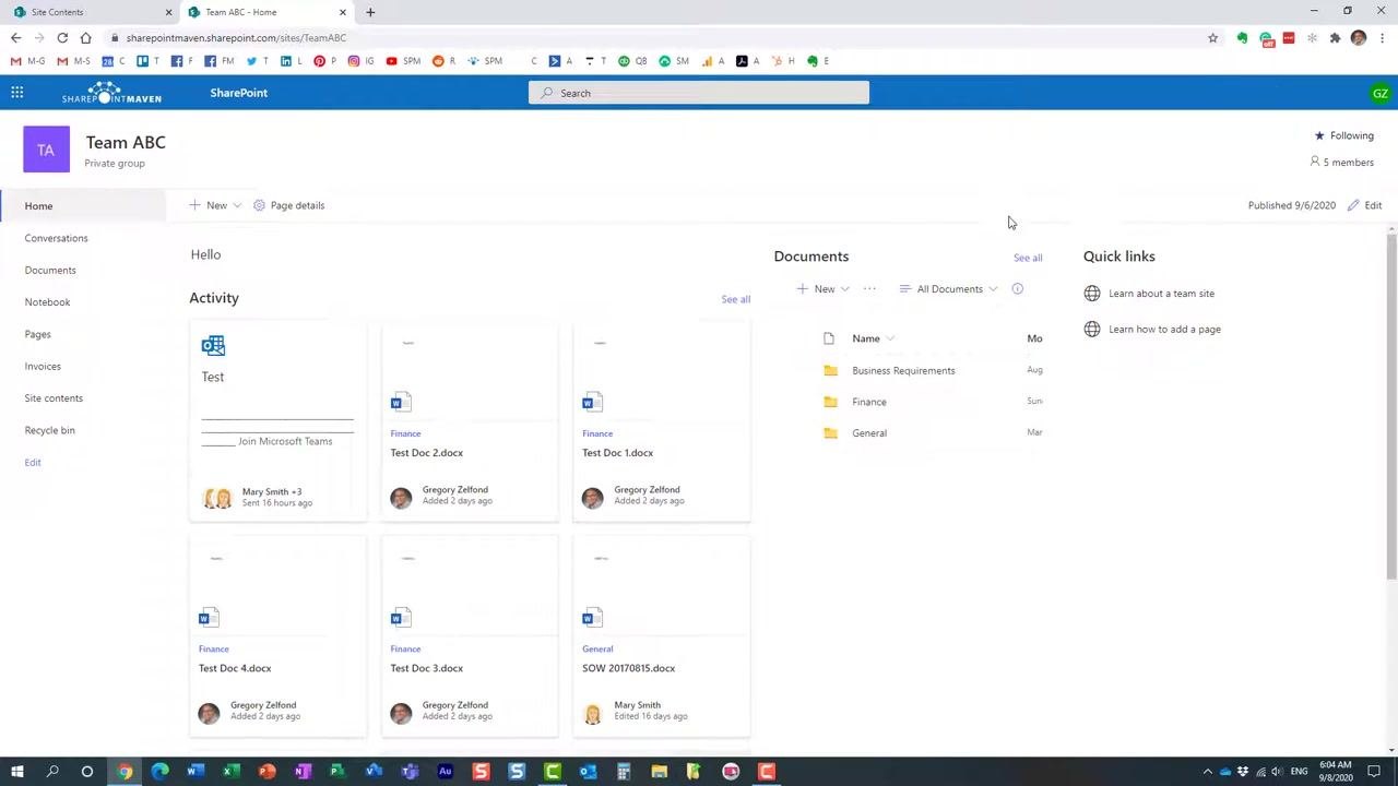 SharePoint Site Contents page for Team ABC, showing multiple document libraries including "Documents" and "Invoices," with columns for Name, Type, Items, and Modified. The cursor points at "Invoices." The left navigation includes Home, Conversations, Documents, Notebook, Pages, Invoices, Site contents, and Recycle bin.