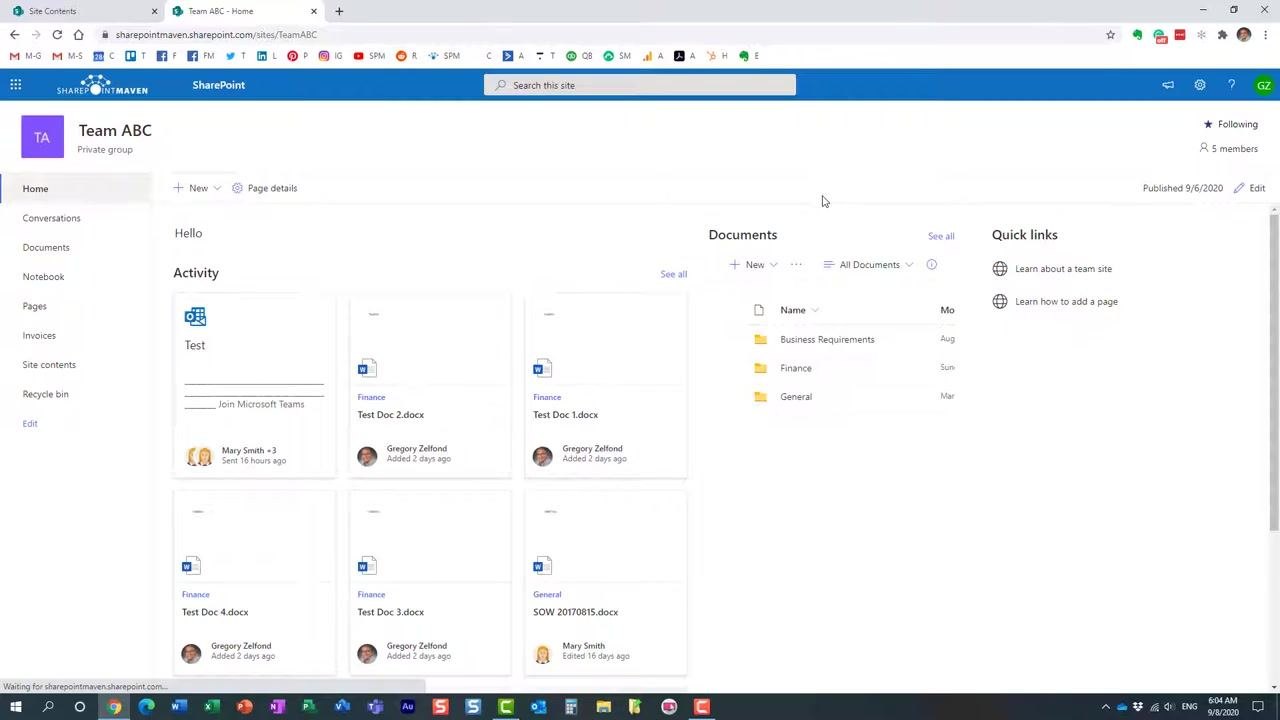 SharePoint site homepage for Team ABC, showing the same layout as above: Activity feed, Documents section, and Quick links.