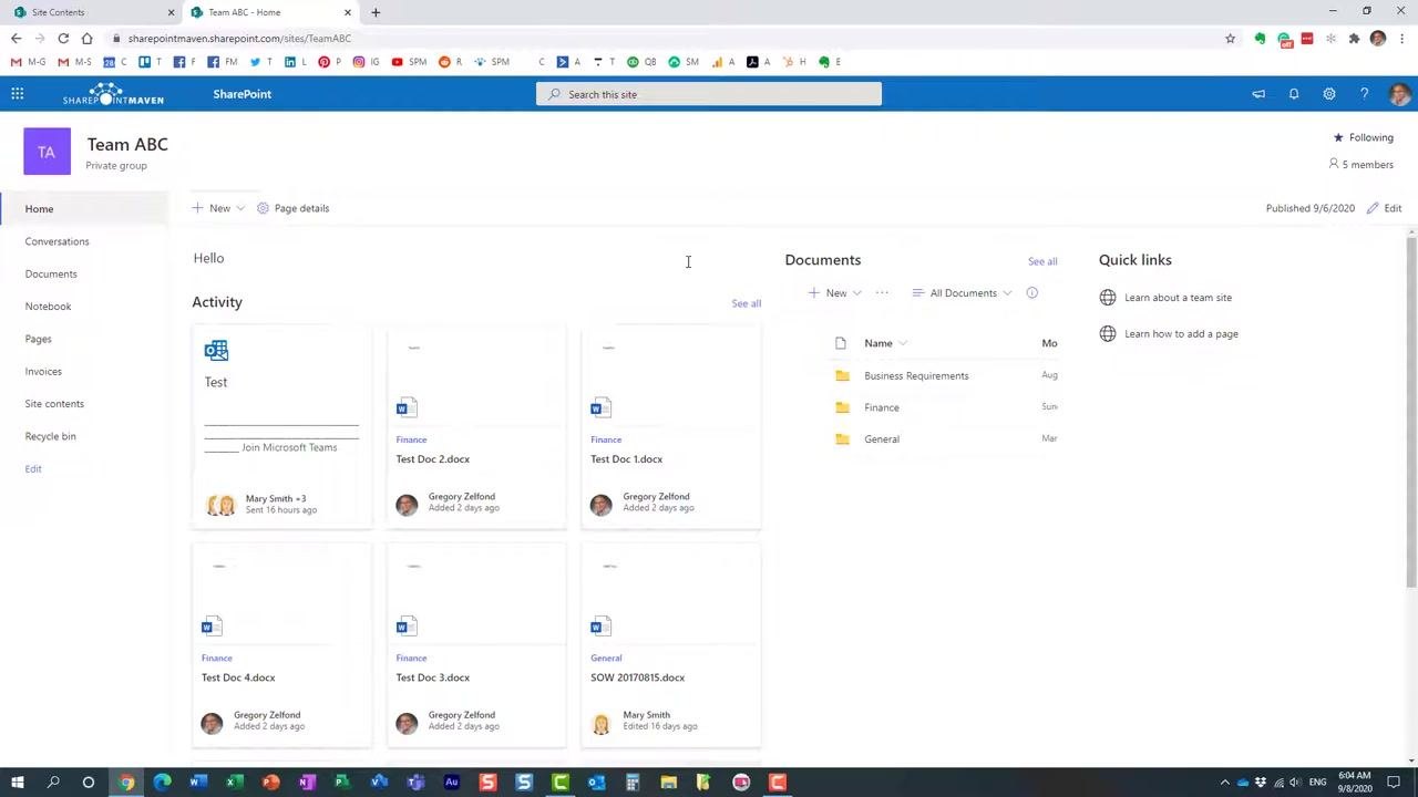 SharePoint site homepage for Team ABC, showing the Activity feed, Documents section, and Quick links, with no further actions being performed.