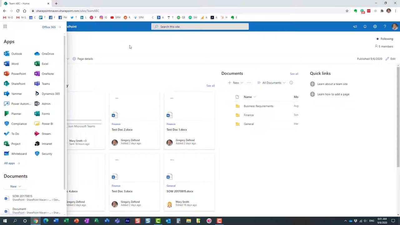 SharePoint site homepage for "Team ABC" with the Documents section and folders visible, and the Office 365 app launcher still open.
