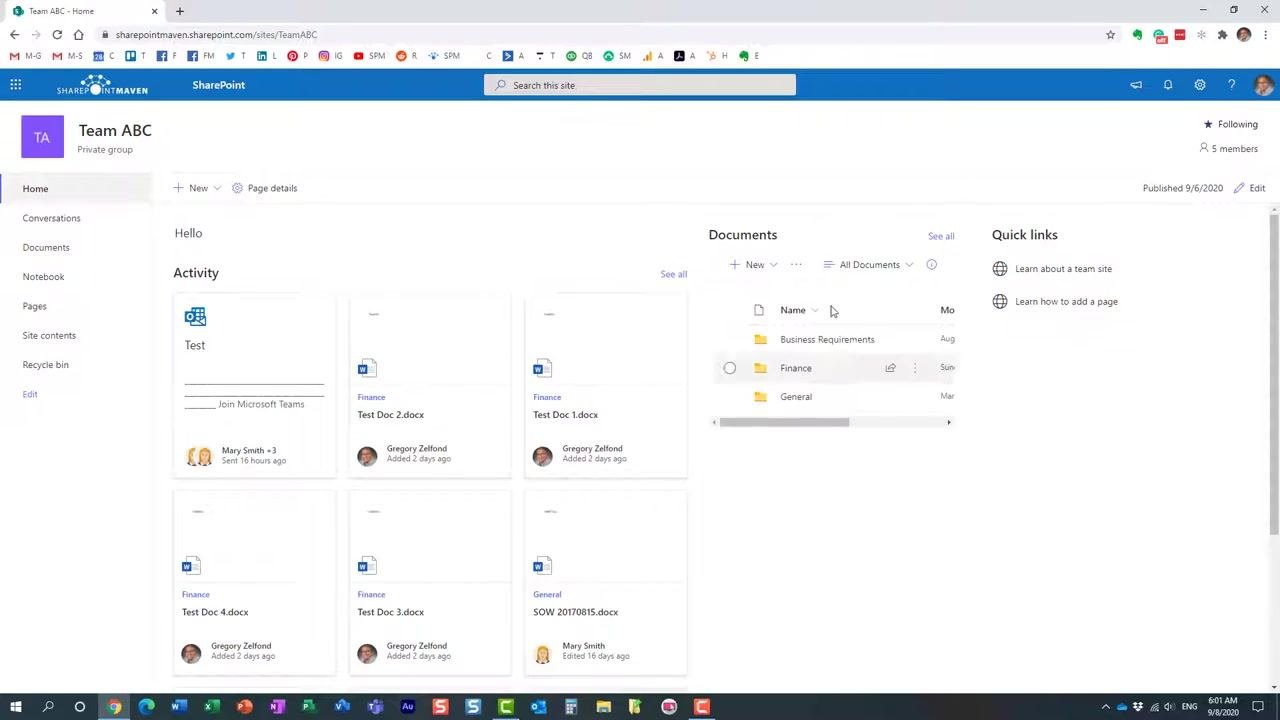 SharePoint site homepage for "Team ABC" with the Documents section and folders visible.