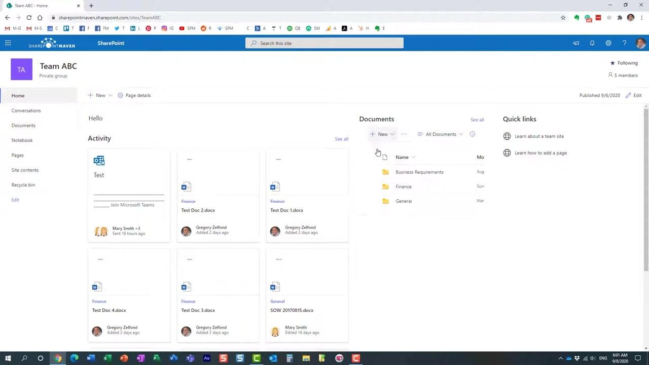 SharePoint site homepage for "Team ABC" with the "New" button in the Documents section being selected.