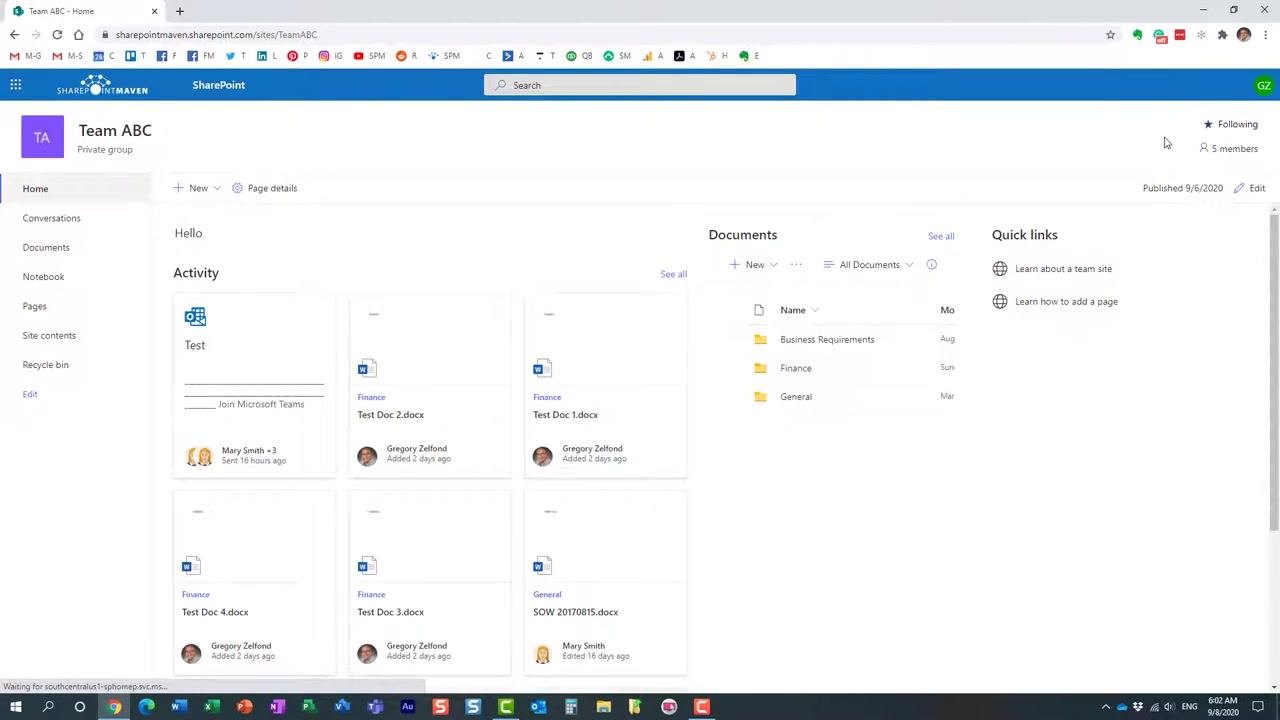 SharePoint "Documents" library open for Team ABC, showing folders (Business Requirements, Finance, General) with the cursor pointing at "Business Requirements." The left navigation includes Home, Conversations, Documents, Shared with us, Notebook, Pages, Site contents, and Recycle bin. The top bar shows options like New, Upload, Edit in grid view, Sync, Export to Excel, Power Apps, and Automate.