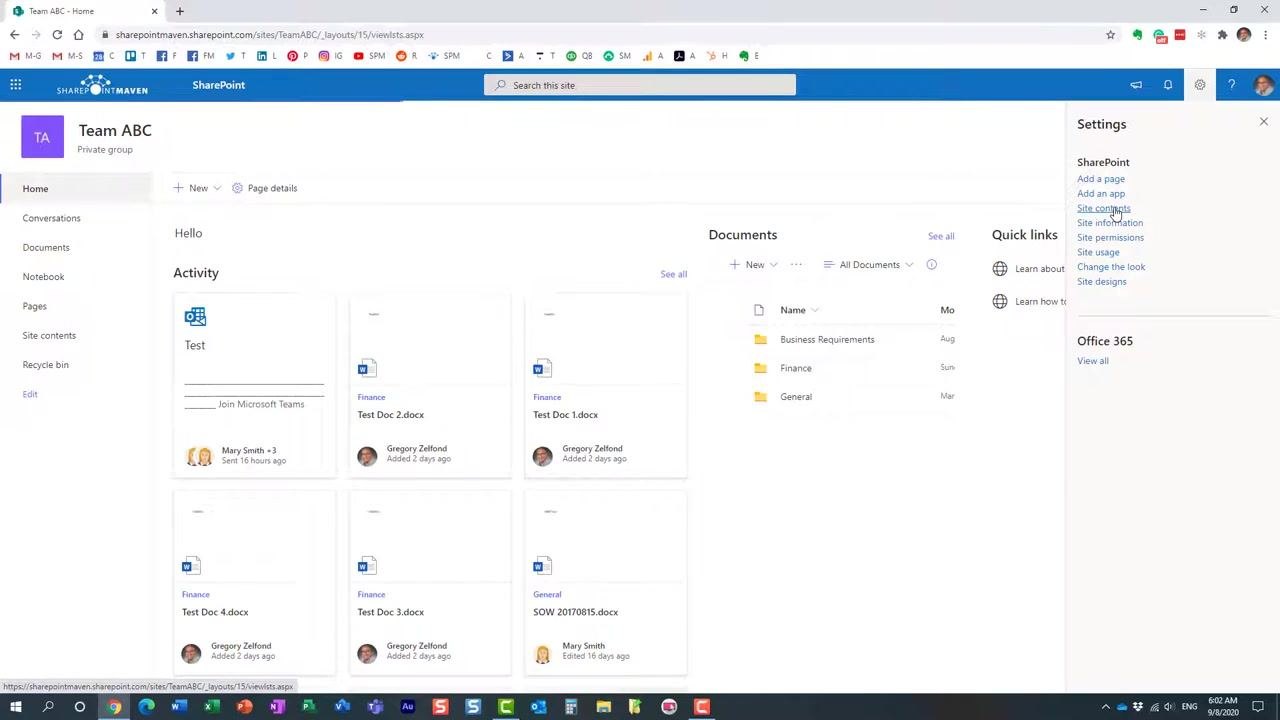 SharePoint site homepage with the Settings panel open on the right, showing options including "Site contents" highlighted.