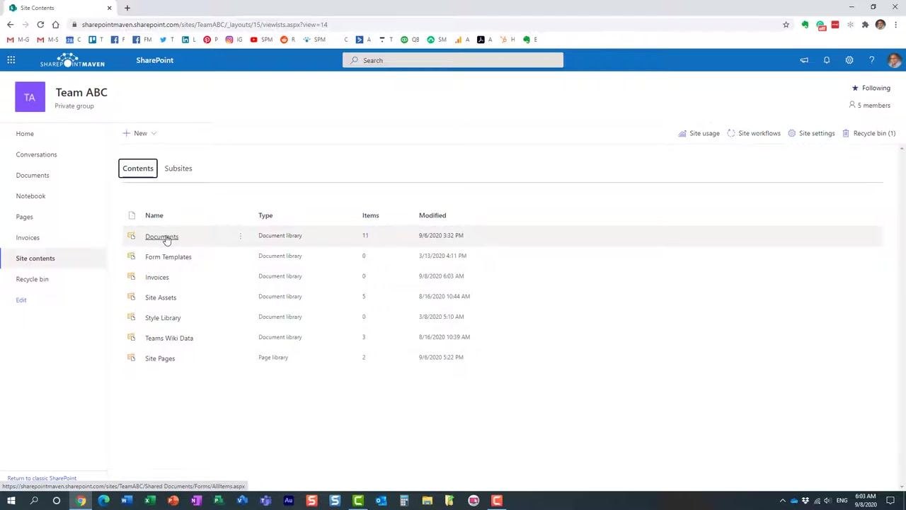 SharePoint Site Contents page with the "+ New" menu open, cursor highlighting the "Document library" option.