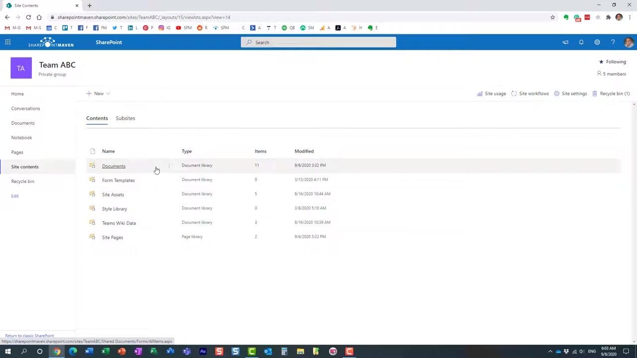 Newly created "Invoices" document library open, showing an empty state with the "Drag files here" prompt. The left navigation now includes "Invoices," and the top bar shows standard document library options.