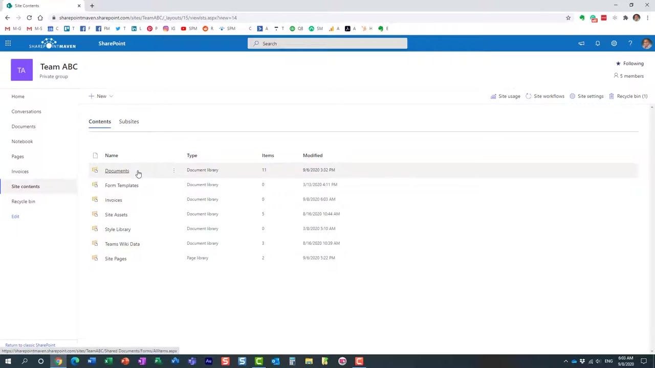 SharePoint Site Contents page, "Documents" library highlighted, showing multiple document libraries including the newly created one.