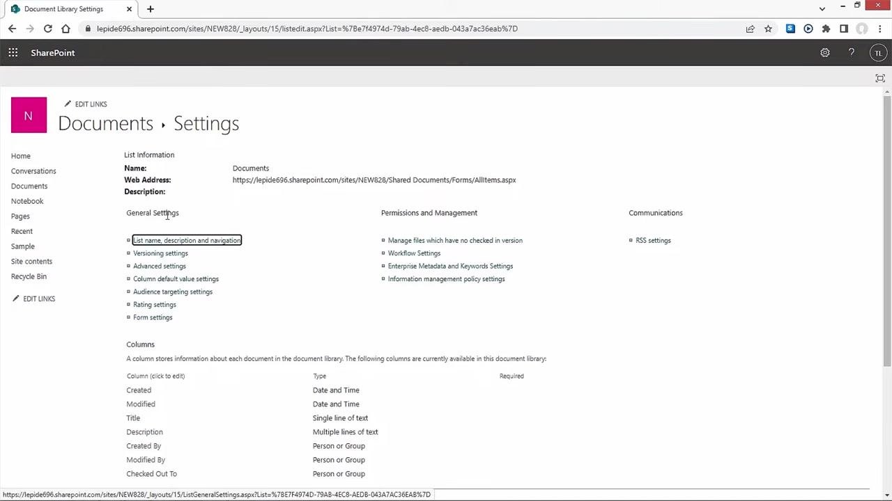 SharePoint home screen showing frequently visited sites and the navigation panel