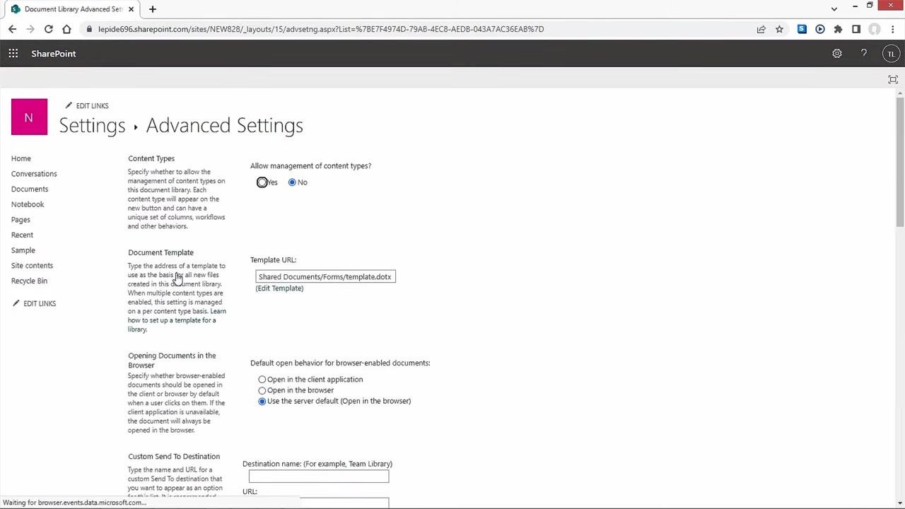 SharePoint Advanced Settings page with the folder creation option highlighted