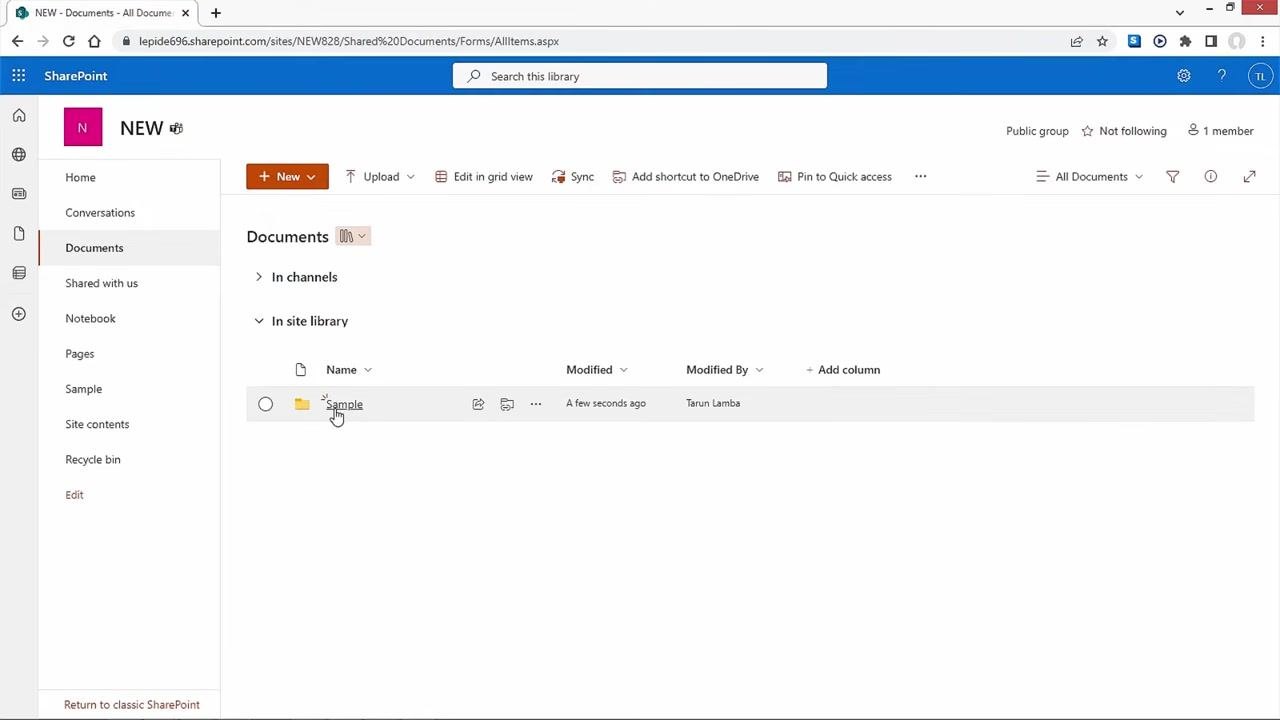 SharePoint Documents library showing the newly created "Sample" folder, with a cursor pointing to it. The left navigation menu and document details such as Modified and Modified By are visible.