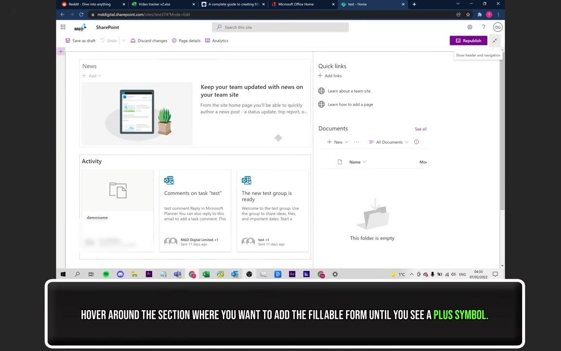 SharePoint page in edit mode, with a plus symbol visible where a new web part can be added