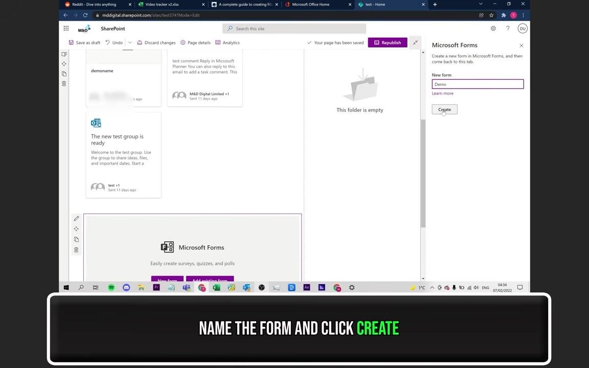 Microsoft Forms pane open, with "Demo" entered as the form name and the Create button highlighted