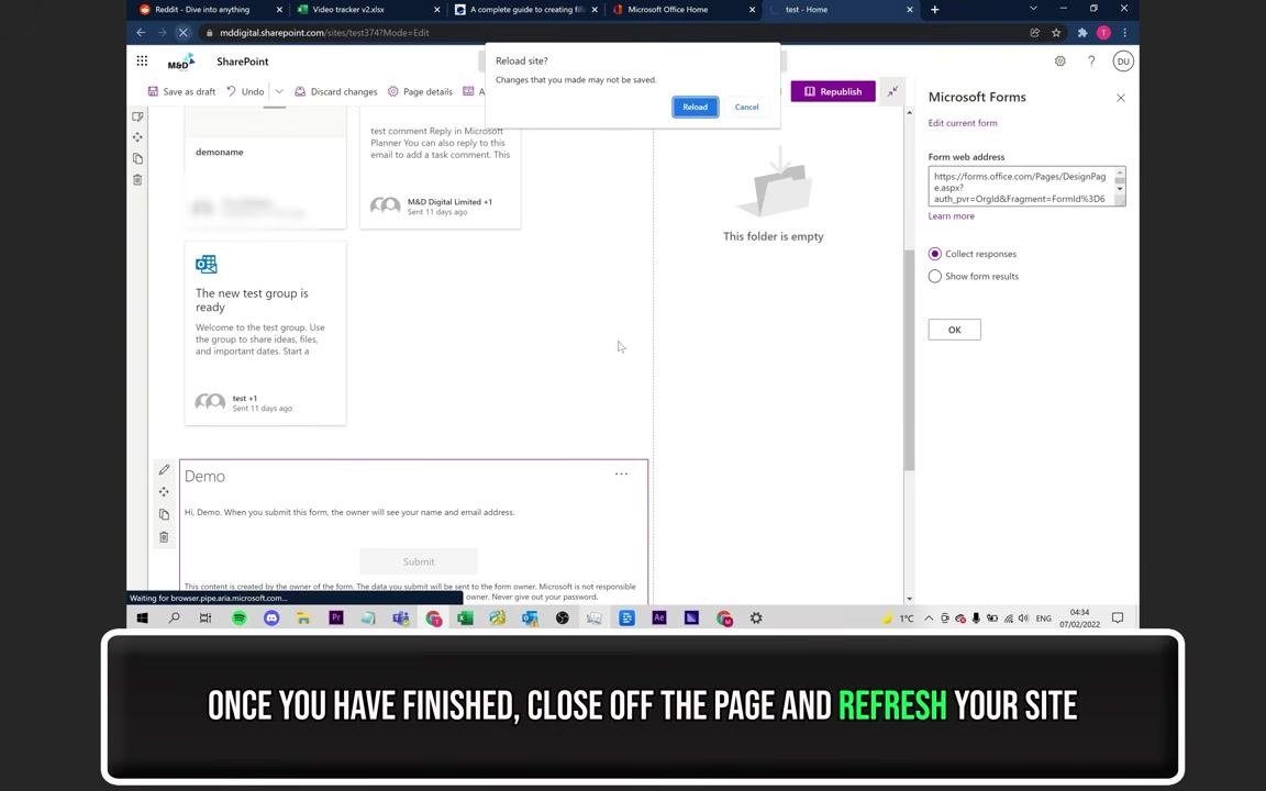 Microsoft Forms editor open, showing the "Demo" form with questions being added and the Add new button visible