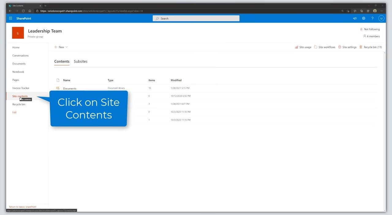The SharePoint Online site contents page is open. The left navigation menu is visible with "Site contents" highlighted. The main area lists existing libraries and pages.