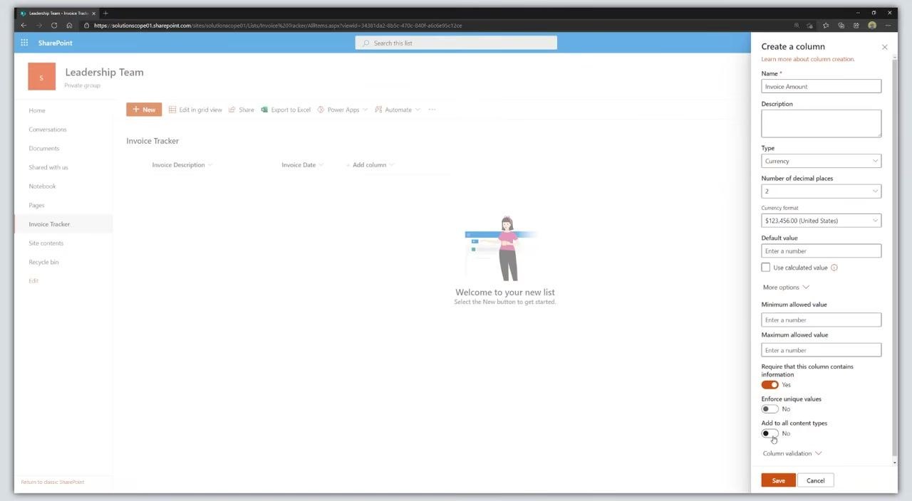 The "Create a column" panel is open for "Invoice Amount". "Require that this column contains information" is toggled on, and "Add to all content types" is toggled off. The "Save" button is visible.