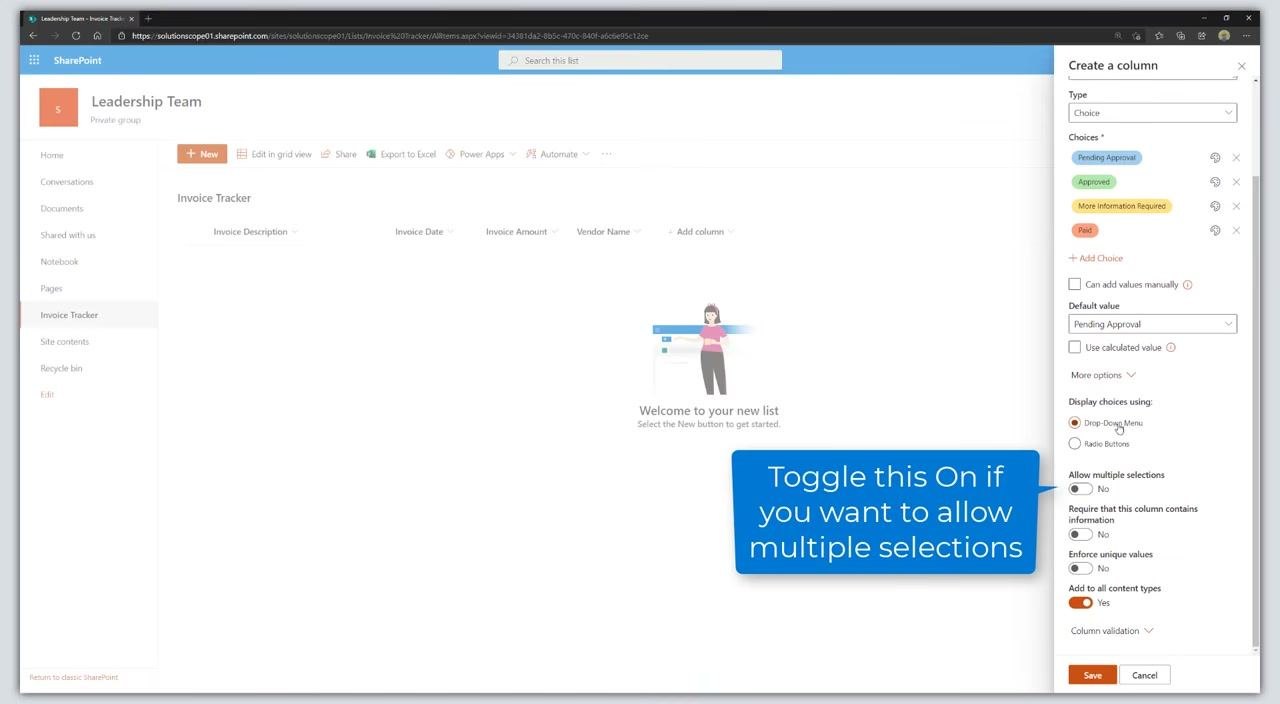 The "Create a column" panel is open for "Status". Choices "Pending Approval", "Approved", "More Information Required", and "Paid" are entered with different colors. The default value is set to "Pending Approval".