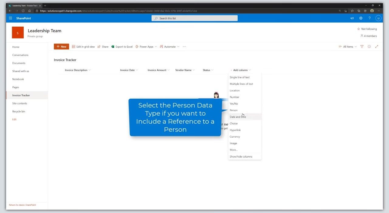 Cursor hovering over "Person" in the Add column dropdown, with a tooltip explaining the Person data type.