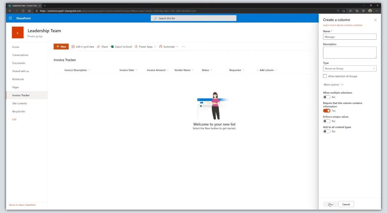 Create a column panel with Name "Manager", Type "Person or Group", and "Require that this column contains information" toggled to Yes.